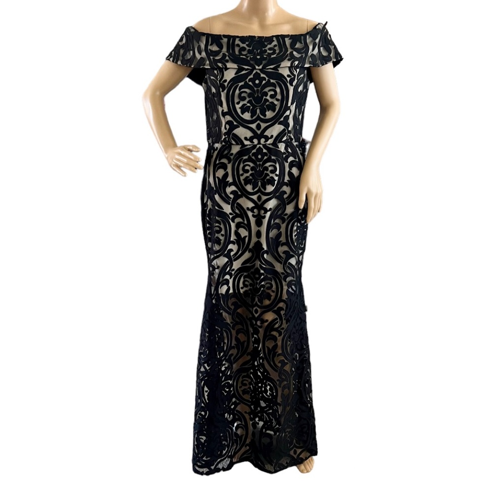 28th & Park Off Shoulder Cut Sheer Overlay Dress